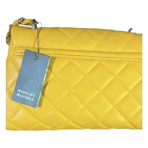 Badgley Mischka Quilted Yellow Shoulder Bag, 8"L x 6"H x 2", Chain Strap, NEW - Picture 4 of 9